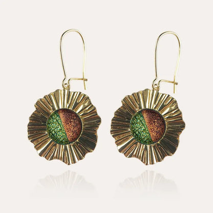 Boucles d'oreilles perle de verre et cratère pendantes dorées marron terriane