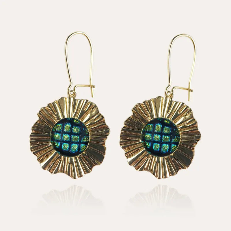 Boucles d'oreilles perle de verre et cratère pendantes originales or vertes charmella