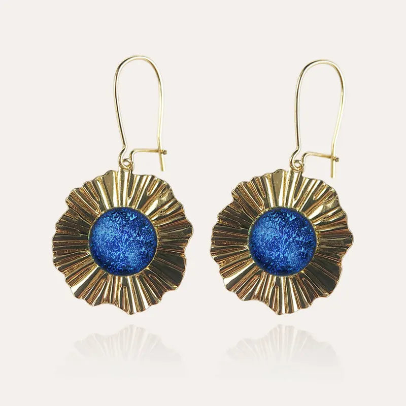 Boucles d'oreilles perle de verre et cratère pierre Murano or bleu lagonia