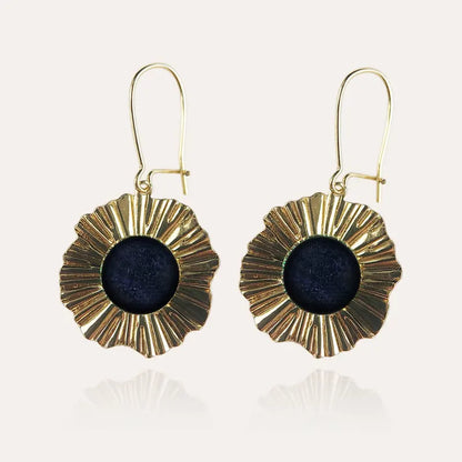 Boucles d'oreilles perle de verre et cratère tombante dorées bleu albarelle