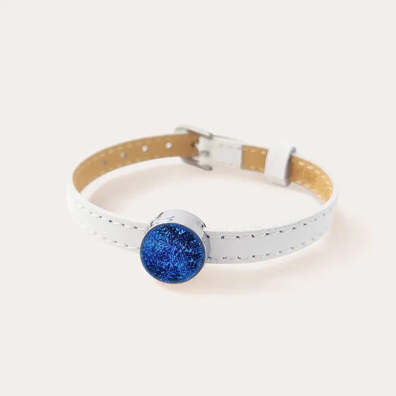 Bracelet en cuir blanc avec verre de Murano bleu lagonia