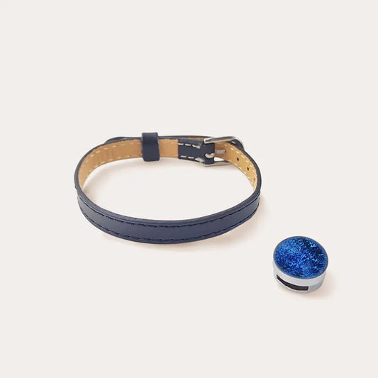 Bracelet cuir noir pour femme, verre de Murano bleu lagonia