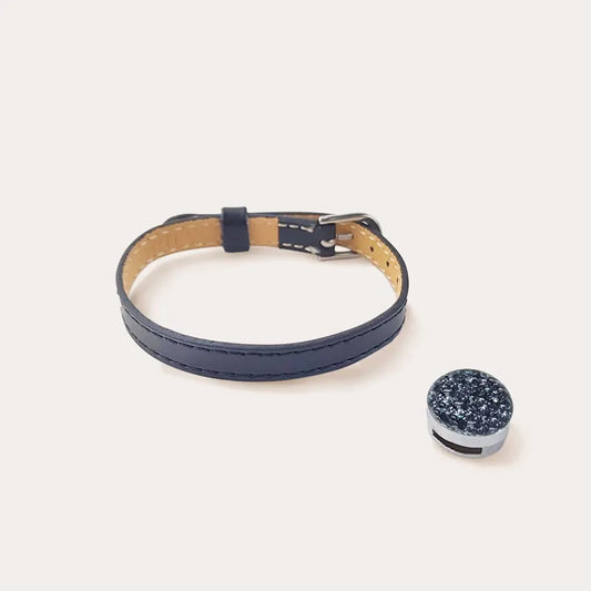 Bracelet cuir noir, manchette femme argentée chromia