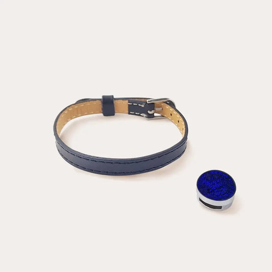 Bracelet cuir noir avec verre bleu nocturnelle