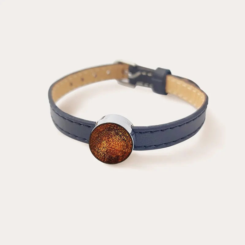 Bracelet cuir réglable avec perle de verre marron orange safrane