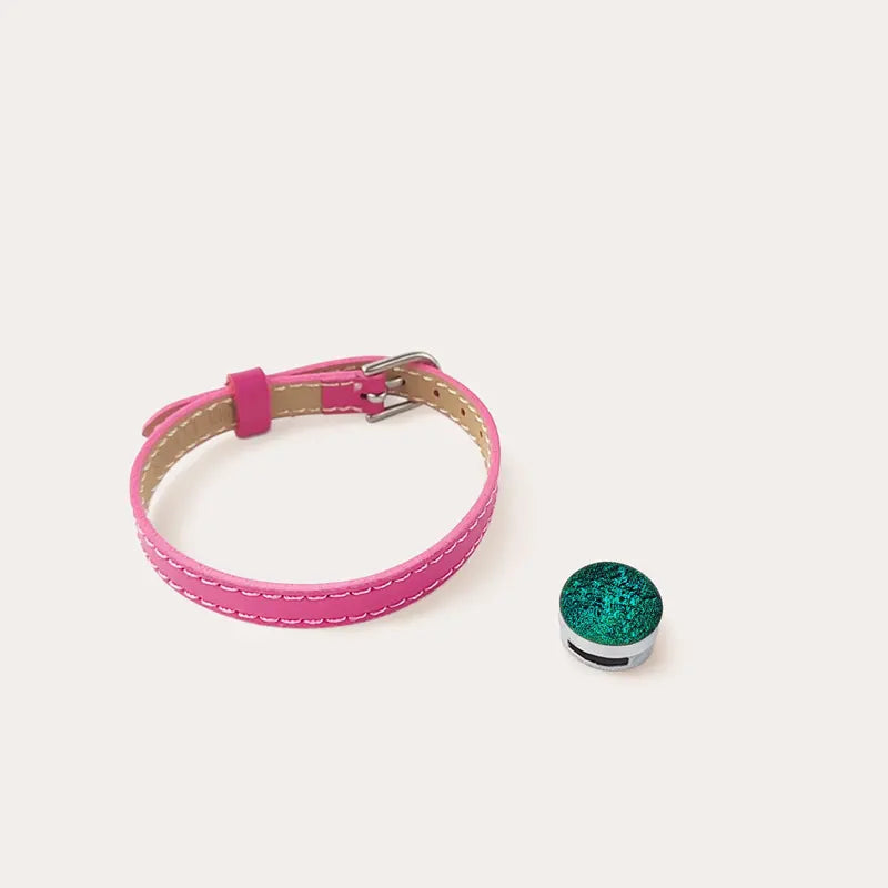 Bracelet femme en cuir rose avec perle de Murano vert emeria