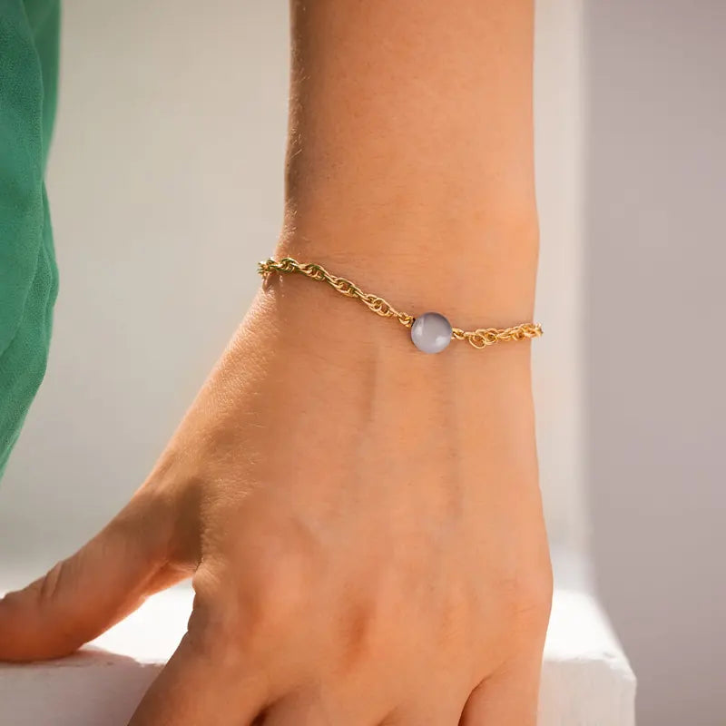 Bracelet pour femme en perle, plaque or et rose roselite