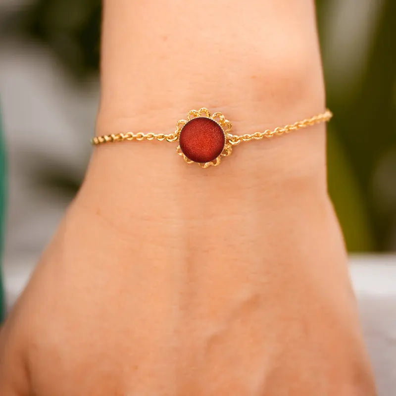 Bracelet fleur perle de verre à doré rouge flambesia