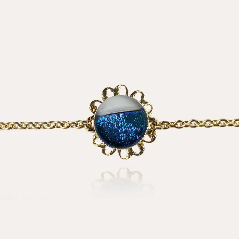 Bracelet fleur perle de verre à or bleu bleuange
