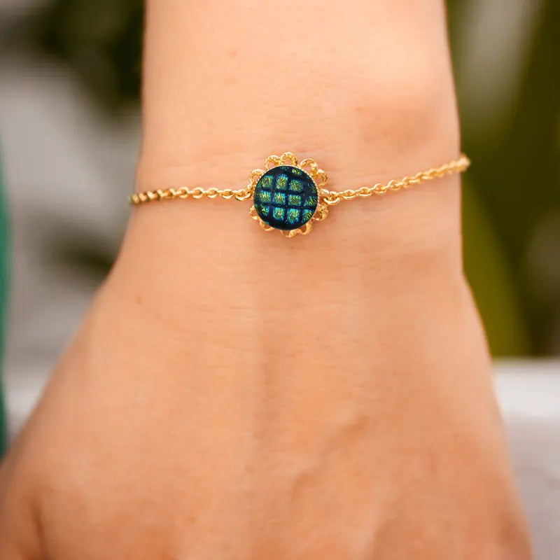 Bracelet fleur perle de verre ajustable or vert charmella