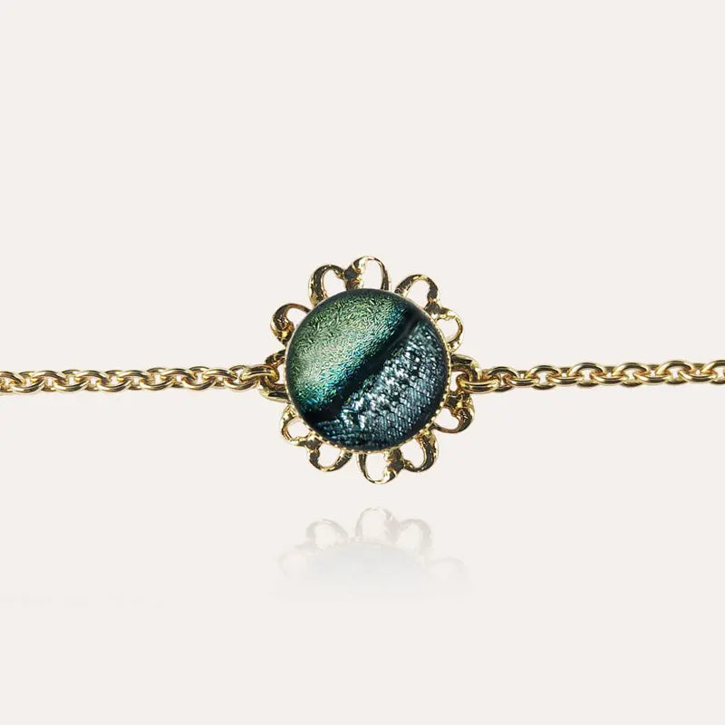 Bracelet fleur perle de verre pour femme or vert oryna