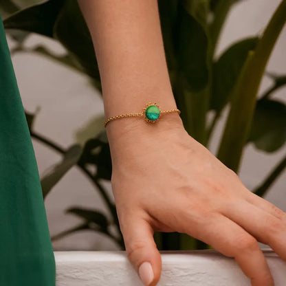 Bracelet fleur perle de verre artisanal femme plaqué or vert avantica