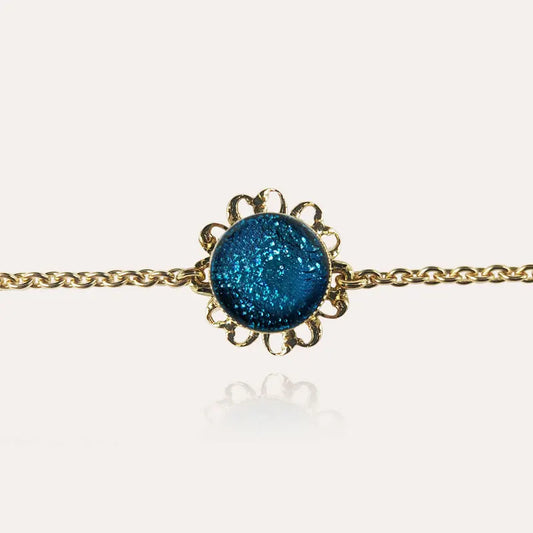 Bracelet fleur perle de verre bijouterie doré bleu azuline