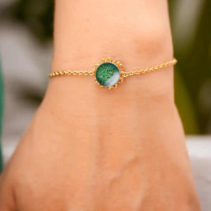 Bracelet fleur perle de verre demoiselle honneur or vert orneige