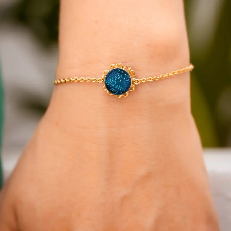 Bracelet fleur perle de verre doré femme bleu azuline