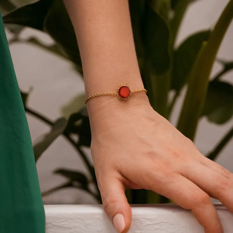 Bracelet fleur perle de verre femme simple plaqué or rouge flambesia