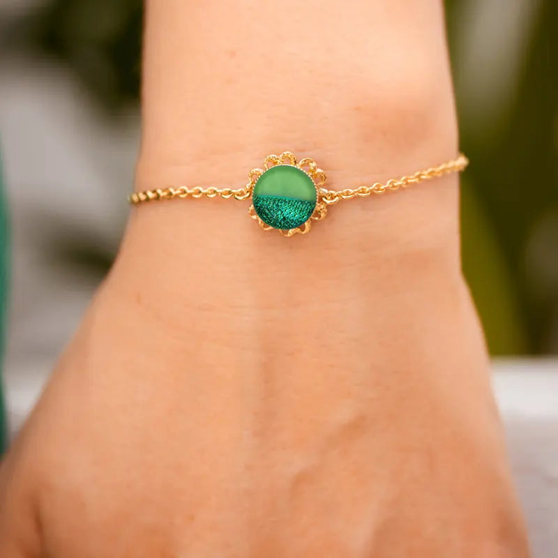 Bracelet fleur perle de verre fin or pour femme vert avantica