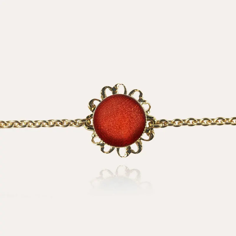 Bracelet fleur perle de verre large doré rouge flambesia