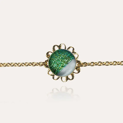 Bracelet fleur perle de verre large femme or vert orneige