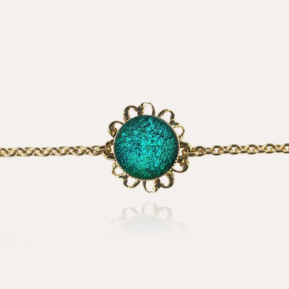 Bracelet fleur perle de verre mariage plaqué or vert emeria
