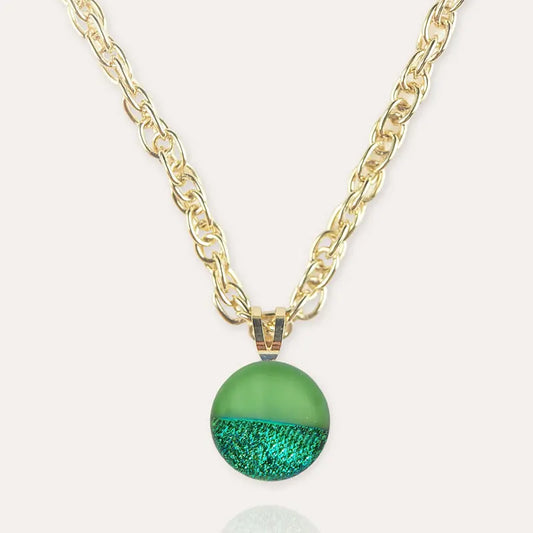 Collier ras de cou perle verre court pour femme doré vert avantica