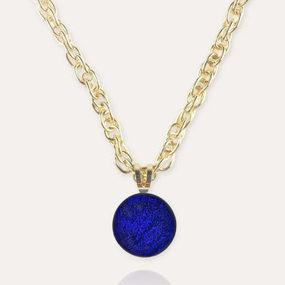 Collier ras de cou en perle de verre de Murano, plaque or et bleu nocturnelle