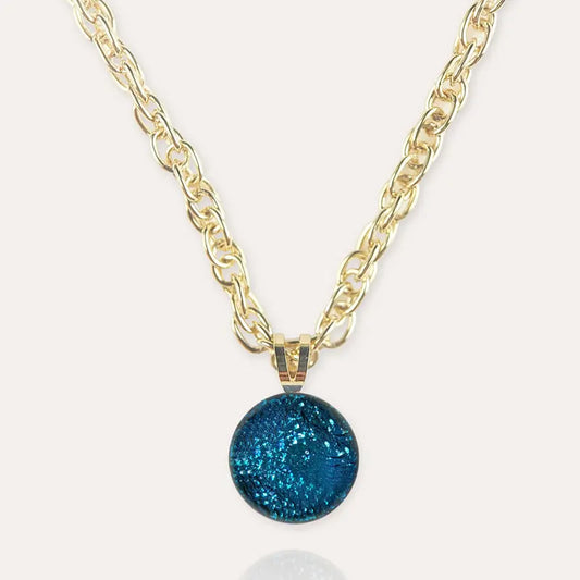 Collier ras de cou perle verre pierre naturelle doré bleu azuline